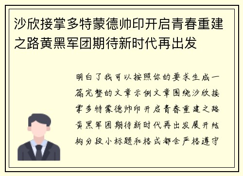 沙欣接掌多特蒙德帅印开启青春重建之路黄黑军团期待新时代再出发 沙欣接掌多特蒙德帅印开启青春重建之路黄黑军团期待新时代再出发