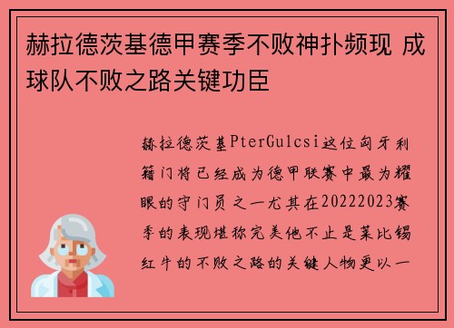 赫拉德茨基德甲赛季不败神扑频现 成球队不败之路关键功臣 赫拉德茨基德甲赛季不败神扑频现 成球队不败之路关键功臣