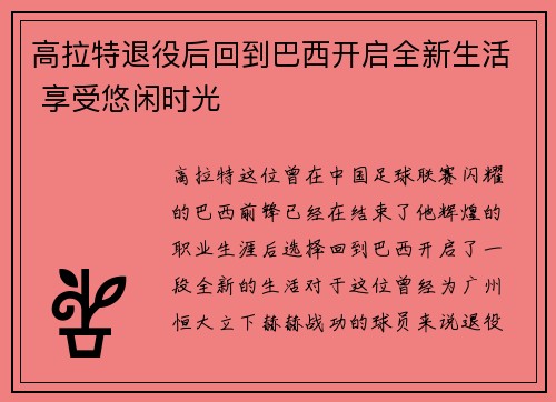 高拉特退役后回到巴西开启全新生活 享受悠闲时光 高拉特退役后回到巴西开启全新生活 享受悠闲时光